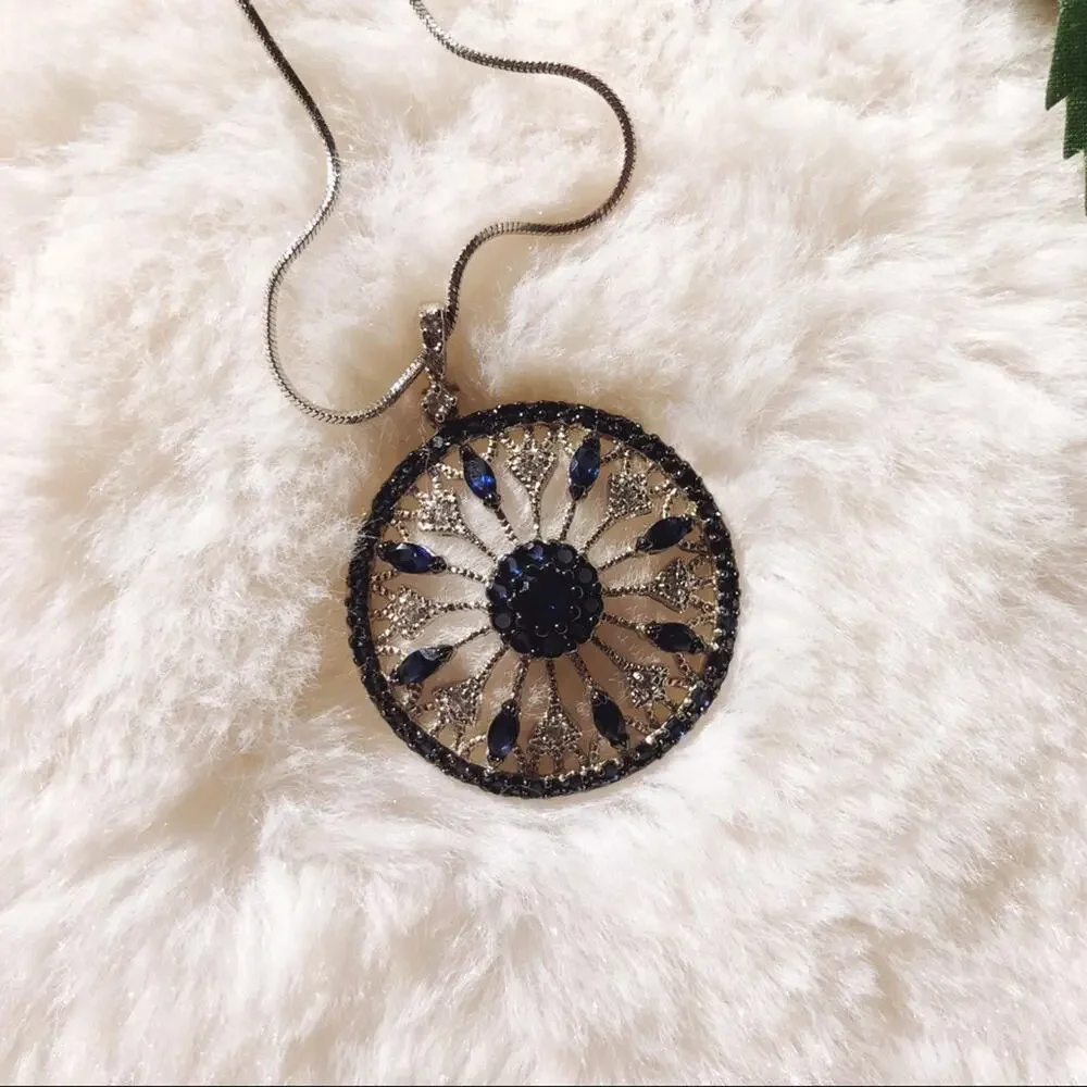Blue and Silver Circle Flower Outline Necklace - Picture 5 of 11